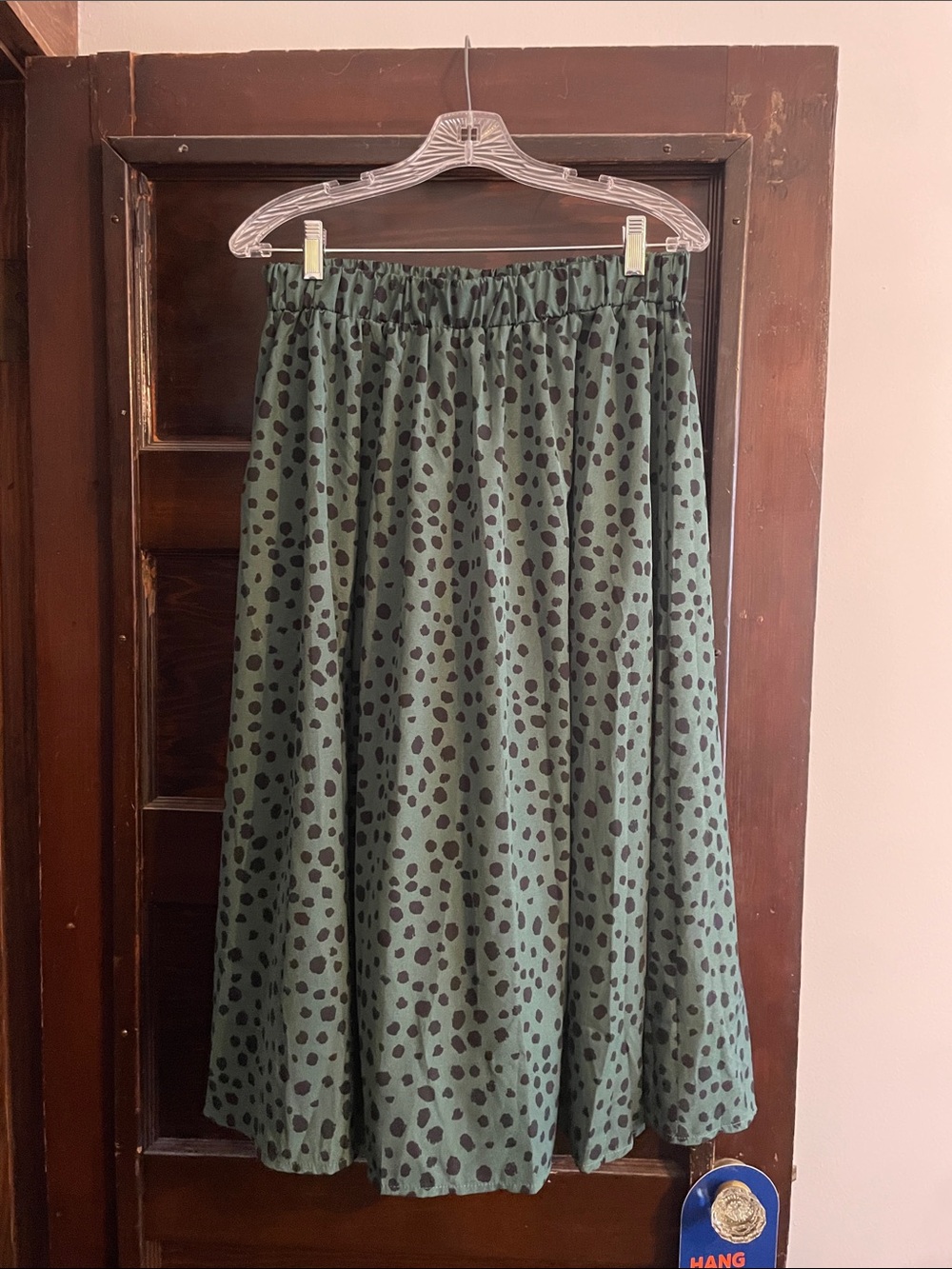 Green Leopard-Print Midi Skirt with Elastic Waist